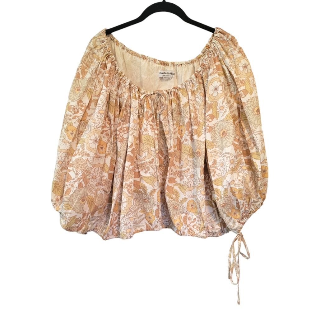 Charlie Holiday Neutral Floral Puff Sleeve Tie Blouse Size 8 Boho Vacation